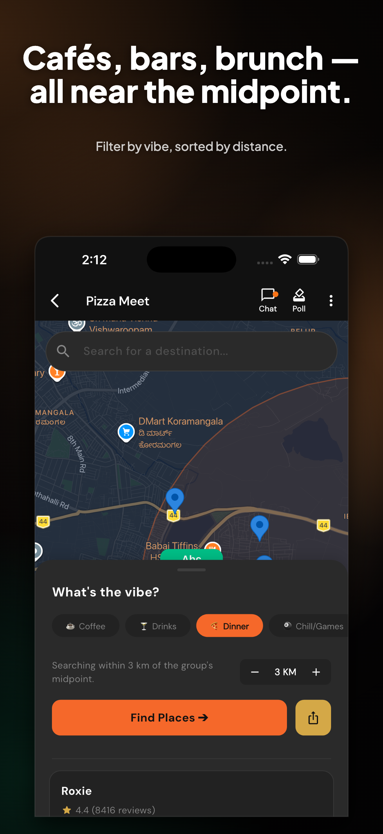 Find places near midpoint